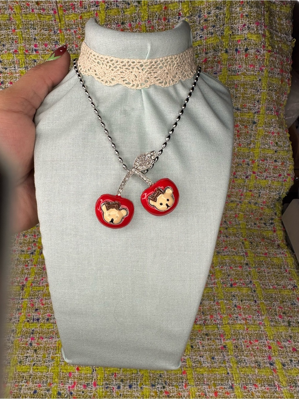 Cute Red Cherry Bear Pendant Necklace for Kids